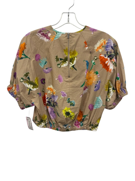 Tibi Size 0 Beige & Multi Cotton Floral Short Puff Sleeve Back Zip Cropped Top Beige & Multi / 0