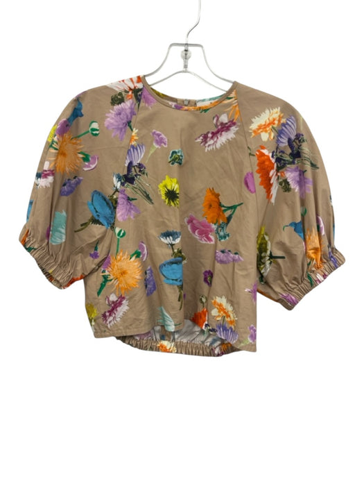 Tibi Size 0 Beige & Multi Cotton Floral Short Puff Sleeve Back Zip Cropped Top Beige & Multi / 0