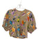 Tibi Size 0 Beige & Multi Cotton Floral Short Puff Sleeve Back Zip Cropped Top Beige & Multi / 0
