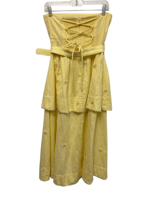 Eddy Size S Butter Yellow Cotton & Linen Beaded Flowers Tiered Midi Dress Butter Yellow / S