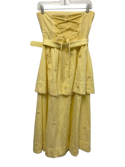 Eddy Size S Butter Yellow Cotton & Linen Beaded Flowers Tiered Midi Dress Butter Yellow / S