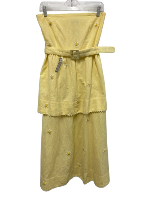Eddy Size S Butter Yellow Cotton & Linen Beaded Flowers Tiered Midi Dress Butter Yellow / S