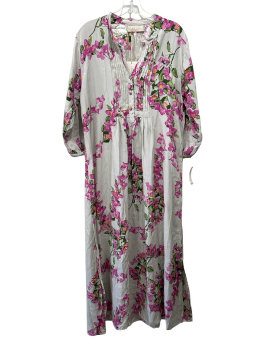 Natalie Martin Size S Cream, Green & Purple Silk Floral 3/4 Balloon Sleeve Dress Cream, Green & Purple / S