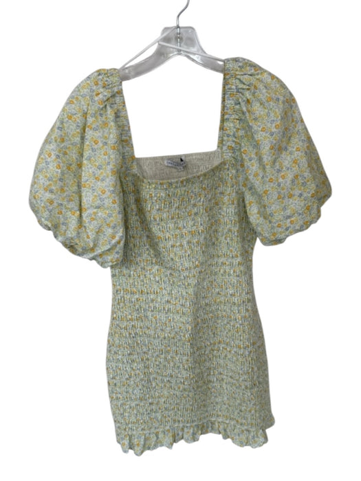 English Factory Size L Green & Yellow Cotton Smocked Floral Bubble Sleeve Dress Green & Yellow / L