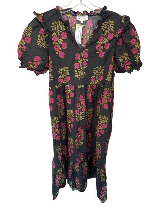 Entro Size L black floral Cotton Maxi Flowers Puff Sleeve Dress black floral / L