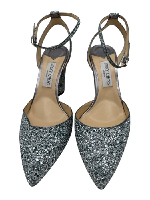 Jimmy Choo Shoe Size 41.5 Silver Leather Glitter Pointed Toe Ankle Strap Pumps Silver / 41.5