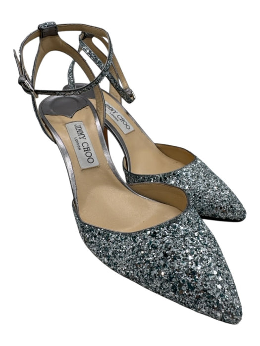 Jimmy Choo Shoe Size 41.5 Silver Leather Glitter Pointed Toe Ankle Strap Pumps Silver / 41.5