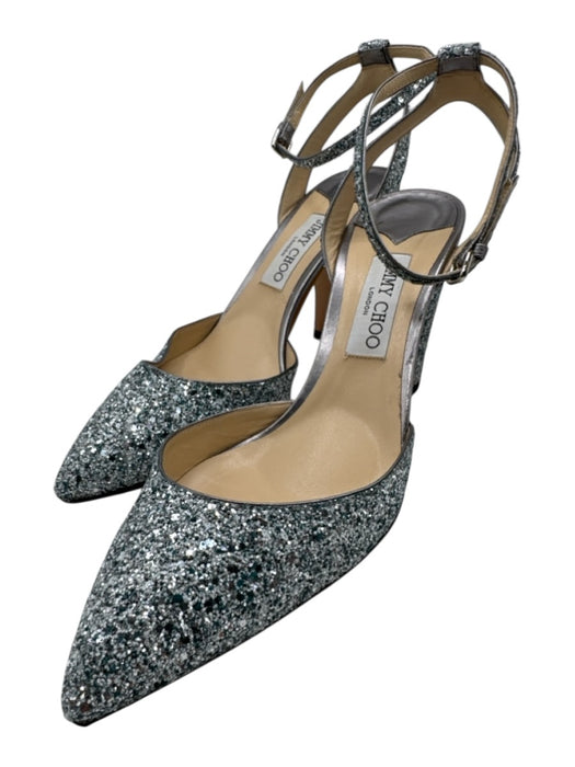 Jimmy Choo Shoe Size 41.5 Silver Leather Glitter Pointed Toe Ankle Strap Pumps Silver / 41.5
