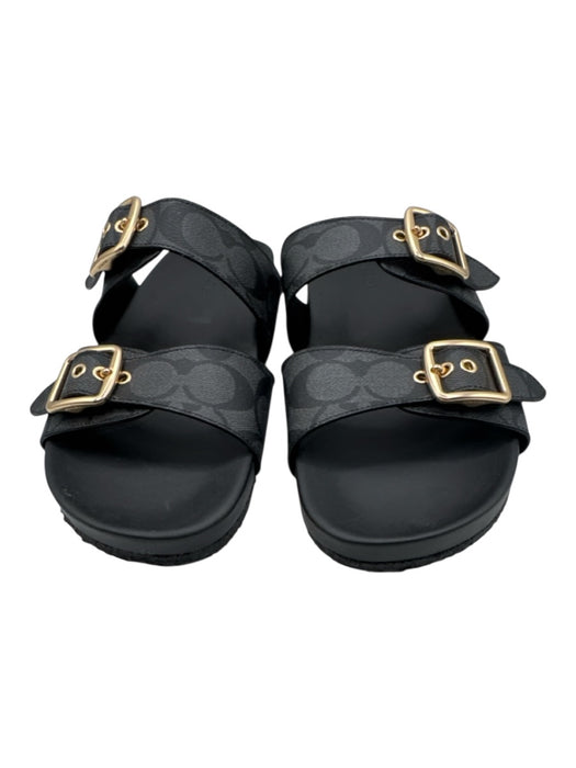 Coach Shoe Size 11 Black, Gray & Gold Leather Logo Gold Buckle 2 Strap Sandals Black, Gray & Gold / 11