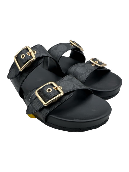 Coach Shoe Size 11 Black, Gray & Gold Leather Logo Gold Buckle 2 Strap Sandals Black, Gray & Gold / 11
