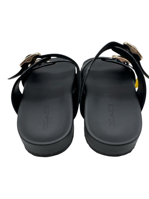 Coach Shoe Size 11 Black, Gray & Gold Leather Logo Gold Buckle 2 Strap Sandals Black, Gray & Gold / 11