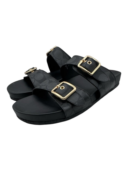 Coach Shoe Size 11 Black, Gray & Gold Leather Logo Gold Buckle 2 Strap Sandals Black, Gray & Gold / 11