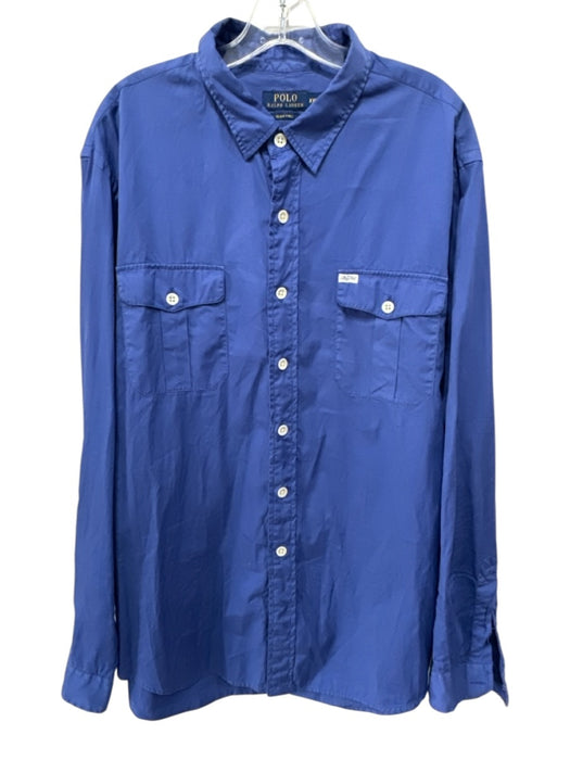 Polo Size XXL Blue Cotton Solid Front Pockets Button up Men's Long Sleeve Shirt Blue / XXL