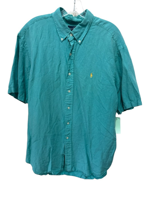 Ralph Lauren Size XL Blue & Green Linen Solid Button Up Men's Short Sleeve Blue & Green / XL