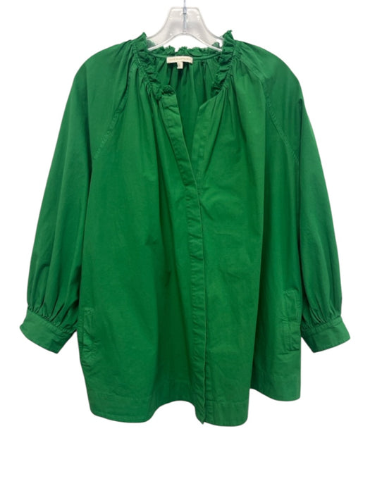 Ann Mashburn Size L Green Cotton Blend Raw Edge Button Down Pockets Top Green / L