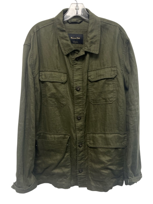 Massimo Dutti Size XXL Olive Green Linen Solid Button Up Safari Men's Jacket Olive Green / XXL