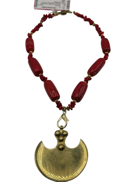 Red Gold Tone Metal Coral Beaded Pendant Lobster Clasp Necklace Red
