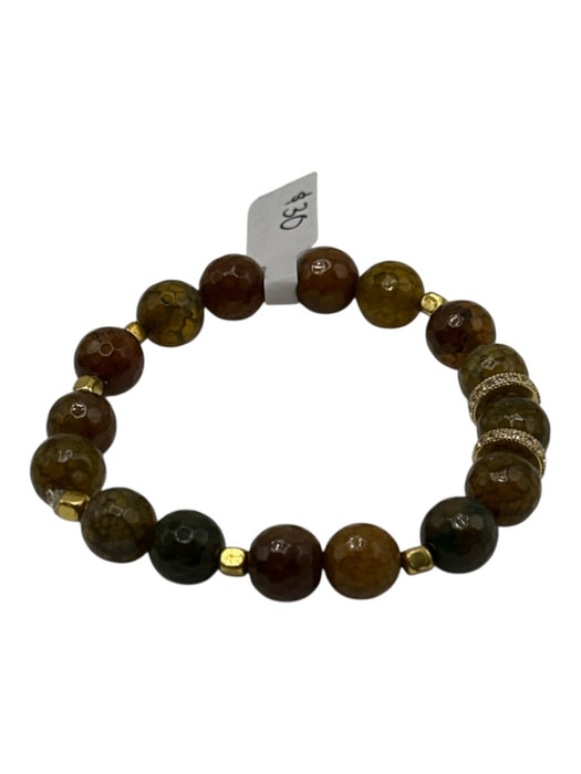 Brown Green & Gold Tone Precious Stone Faceted Beaded Elastic Bracelet Brown Green & Gold Tone