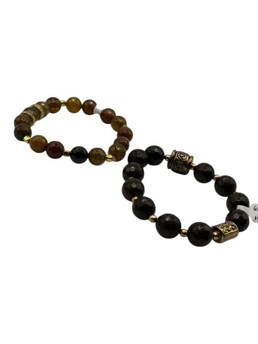 Brown Green & Gold Tone Precious Stone Faceted Beaded Elastic Bracelet Brown Green & Gold Tone