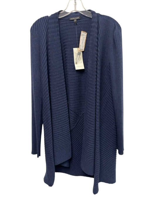 Eileen Fisher Size L Navy Blue Wool Long Sleeve Ribbed Open Cardigan Navy Blue / L