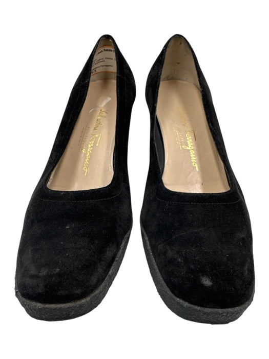 Salvatore Ferragamo Shoe Size 9.5 Black Leather Wedge Suede Square Toe Pumps Black / 9.5