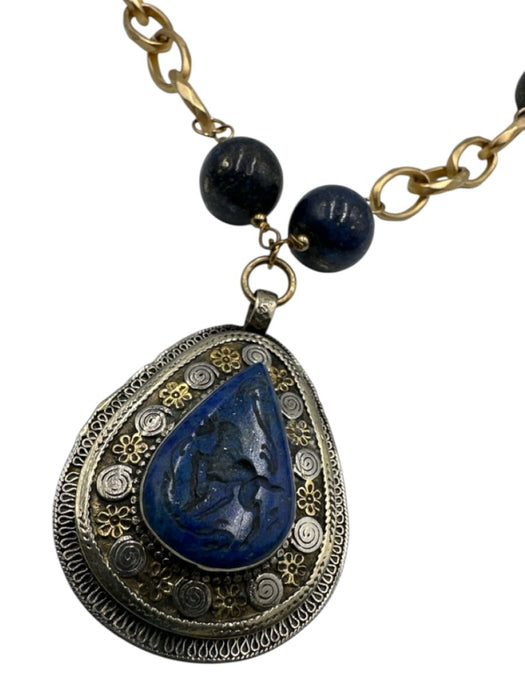 Blue, Silver & Gold Lapis Lazuli Bead Tear Drop Gold Chain Detail Necklace Blue, Silver & Gold