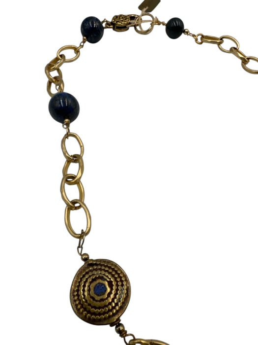 Blue, Silver & Gold Lapis Lazuli Bead Tear Drop Gold Chain Detail Necklace Blue, Silver & Gold