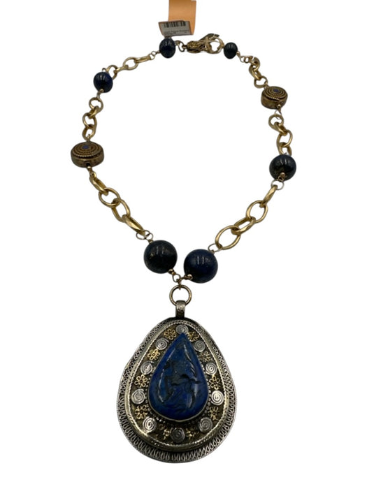 Blue, Silver & Gold Lapis Lazuli Bead Tear Drop Gold Chain Detail Necklace Blue, Silver & Gold