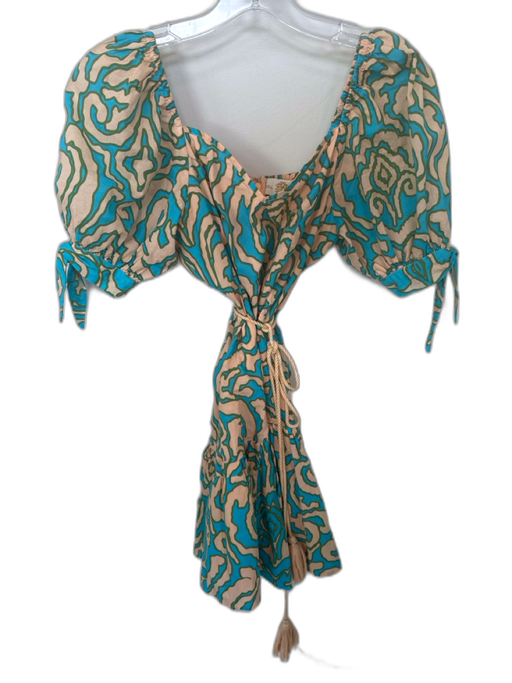 Anna Cate Size XS Teal & Coral Cotton Puff Sleeves Abstract Mini Dress Teal & Coral / XS