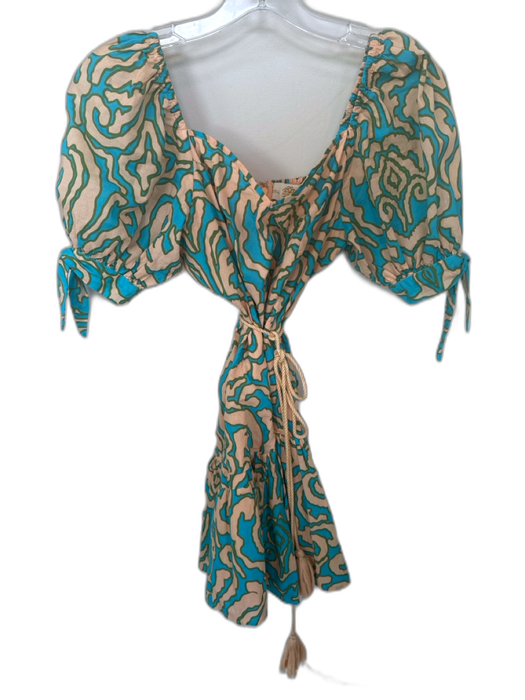 Anna Cate Size XS Teal & Coral Cotton Puff Sleeves Abstract Mini Dress Teal & Coral / XS