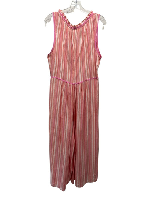 By Anthropologie Size XL Pink, orange & cream Rayon Striped Ruffle Trim Jumpsuit Pink, orange & cream / XL