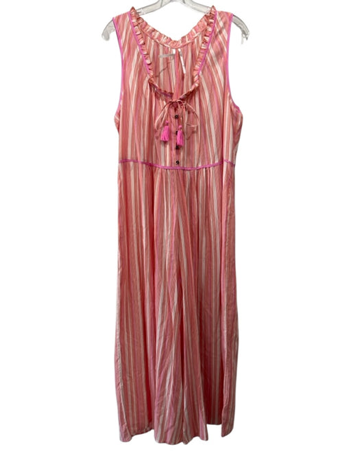 By Anthropologie Size XL Pink, orange & cream Rayon Striped Ruffle Trim Jumpsuit Pink, orange & cream / XL