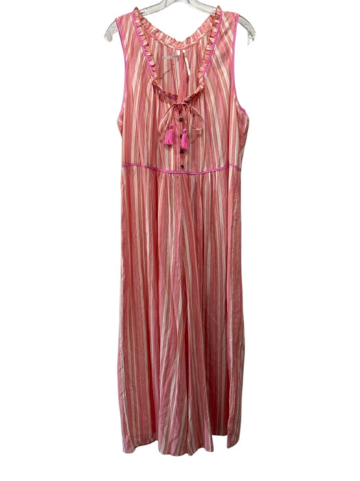 By Anthropologie Size XL Pink, orange & cream Rayon Striped Ruffle Trim Jumpsuit Pink, orange & cream / XL
