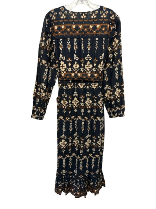 Cleobella Size L Black & Brown Cotton Printed Long Sleeve Maxi Tie Belt Dress Black & Brown / L