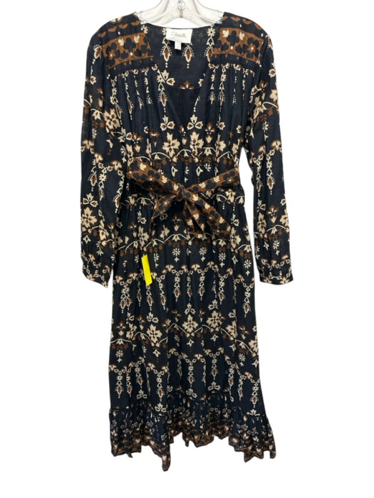 Cleobella Size L Black & Brown Cotton Printed Long Sleeve Maxi Tie Belt Dress Black & Brown / L