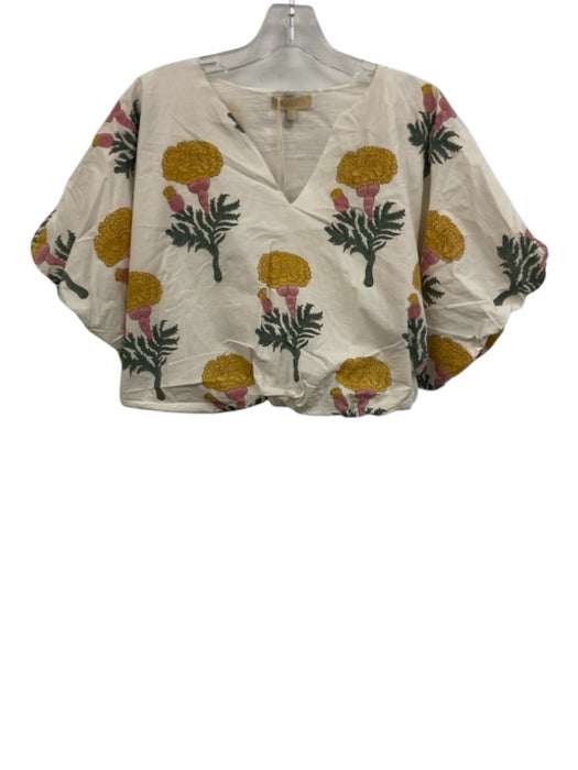 Marea Size L/XL Yellow, Green, Pink Cotton Short Puff Sleeve Crop Skirt Set Yellow, Green, Pink / L/XL