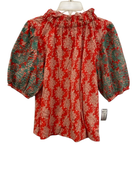 THML Size L Orange, Teal, White Cotton Puff 1/2 Sleeve Floral Print Top Orange, Teal, White / L