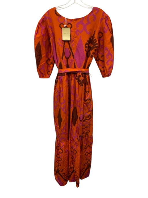 Maude Vivante Size L Orange, Pink, Brown Cotton Puff 1/2 Sleeve V Neck Dress Orange, Pink, Brown / L