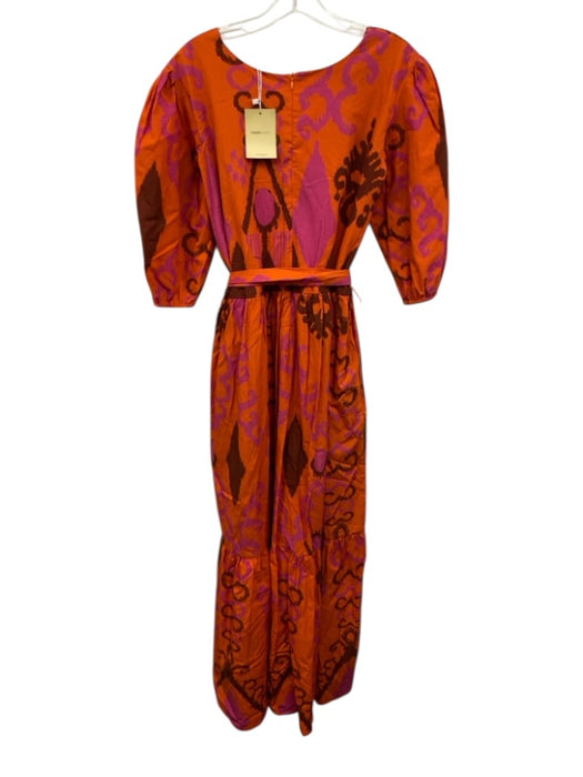 Maude Vivante Size L Orange, Pink, Brown Cotton Puff 1/2 Sleeve V Neck Dress Orange, Pink, Brown / L
