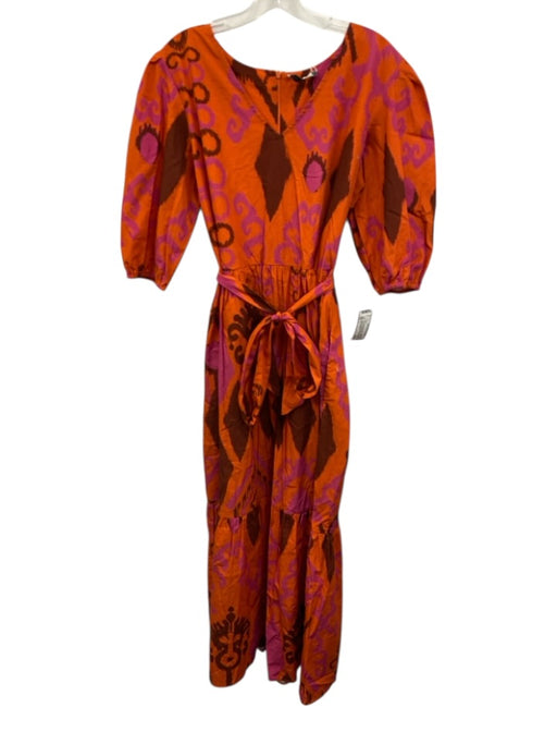 Maude Vivante Size L Orange, Pink, Brown Cotton Puff 1/2 Sleeve V Neck Dress Orange, Pink, Brown / L