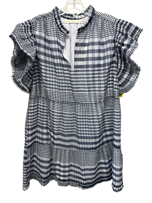 Marie Oliver Size L Navy & white Cotton Blend V Neck Check Print Mini Dress Navy & white / L