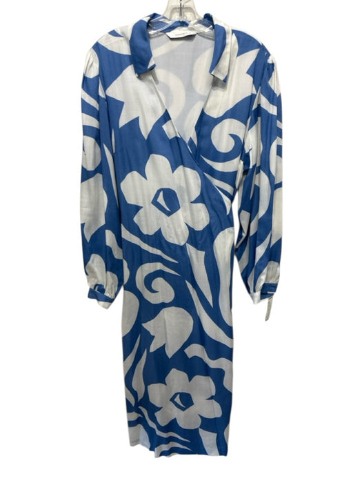 Rebecca Taylor Size XL Blue & White Tencel Wrap V Neck Long Sleeve Dress Blue & White / XL