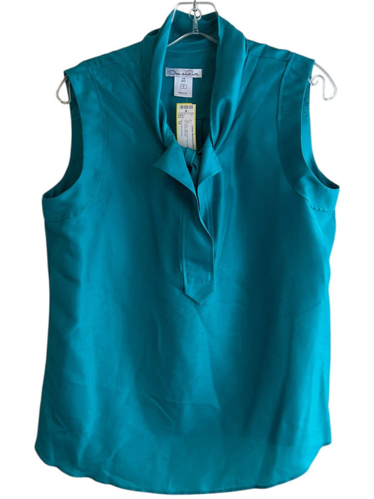 Oscar de la Renta Size 12 Teal Silk High Neck Sleeveless Neck Tie Top Teal / 12
