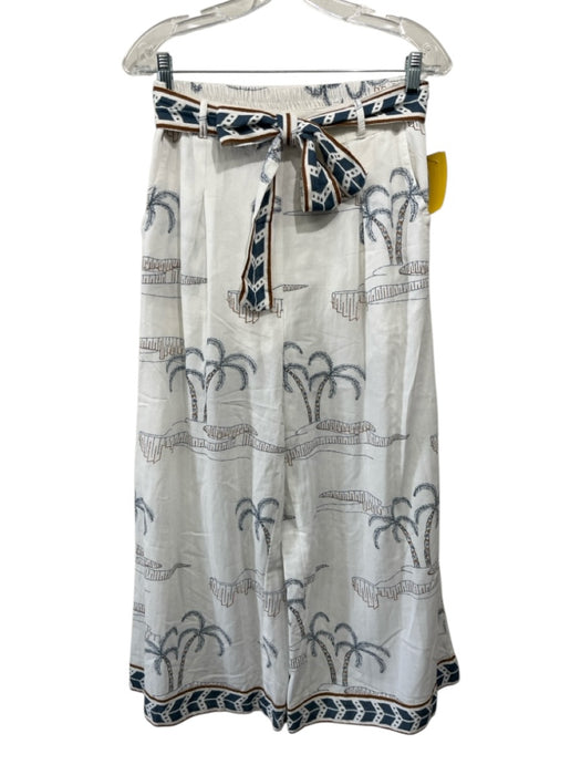 Amiani Size Large White, Blue & Brown Viscose Blend Deep V Palm Trees Pant Set White, Blue & Brown / Large
