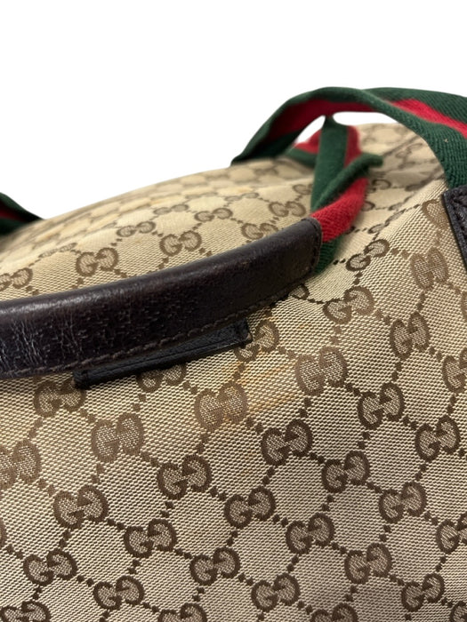 Gucci Red, Green, Brown Canvas Leather trim Gucci Supreme Zip closure Duffle Bag Red, Green, Brown / Large