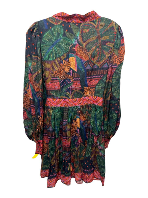 Farm Rio Size XS Green, Purple, Multi Viscose All Over Print Long Sleeve Dress Green, Purple, Multi / XS