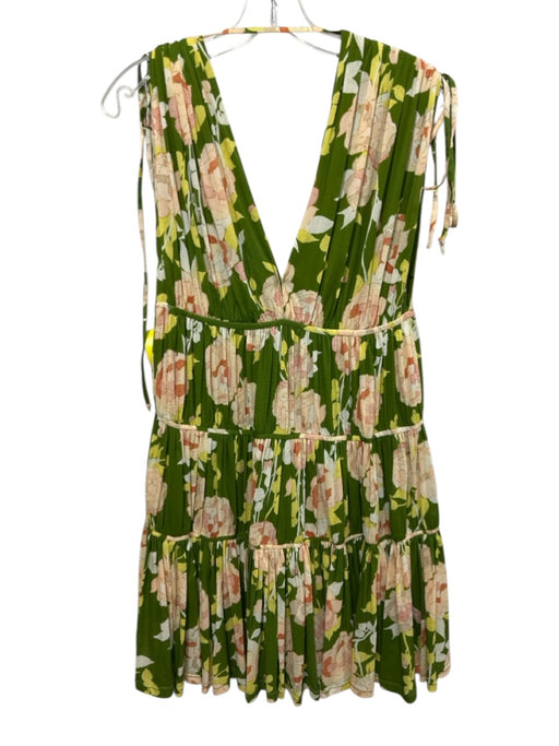 Rebecca Taylor Size S Green & Pink Nylon Sleeveless Floral Print Deep V Dress Green & Pink / S