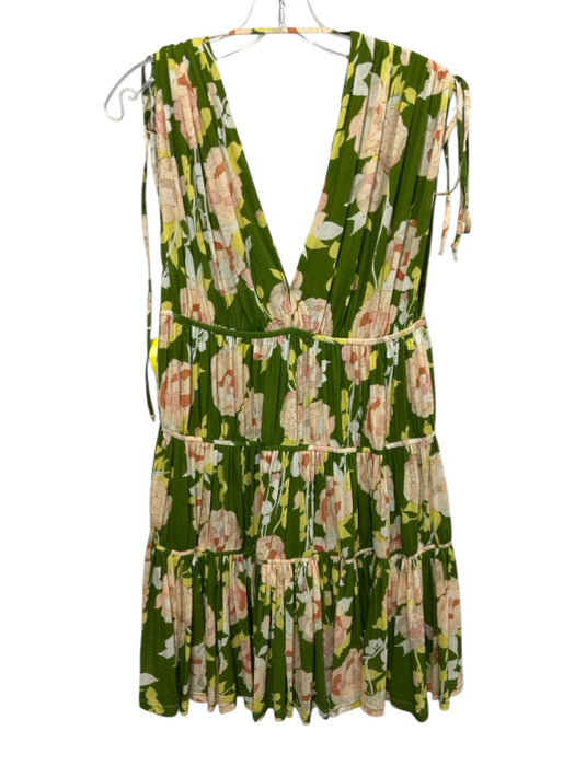 Rebecca Taylor Size S Green & Pink Nylon Sleeveless Floral Print Deep V Dress Green & Pink / S