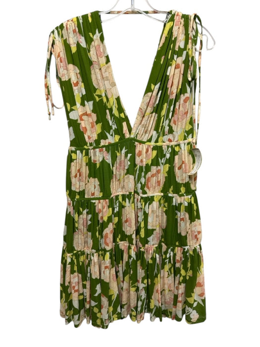 Rebecca Taylor Size S Green & Pink Nylon Sleeveless Floral Print Deep V Dress Green & Pink / S
