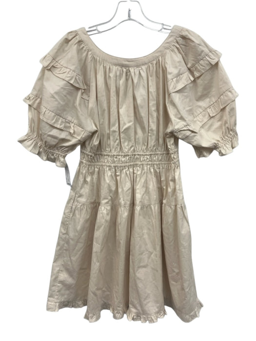 En Saison Size S Cream Beige Cotton Short Puff Sleeve Ruffle Detail Dress Cream Beige / S